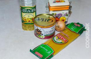 продукты для рецепта макароны с тушенкой